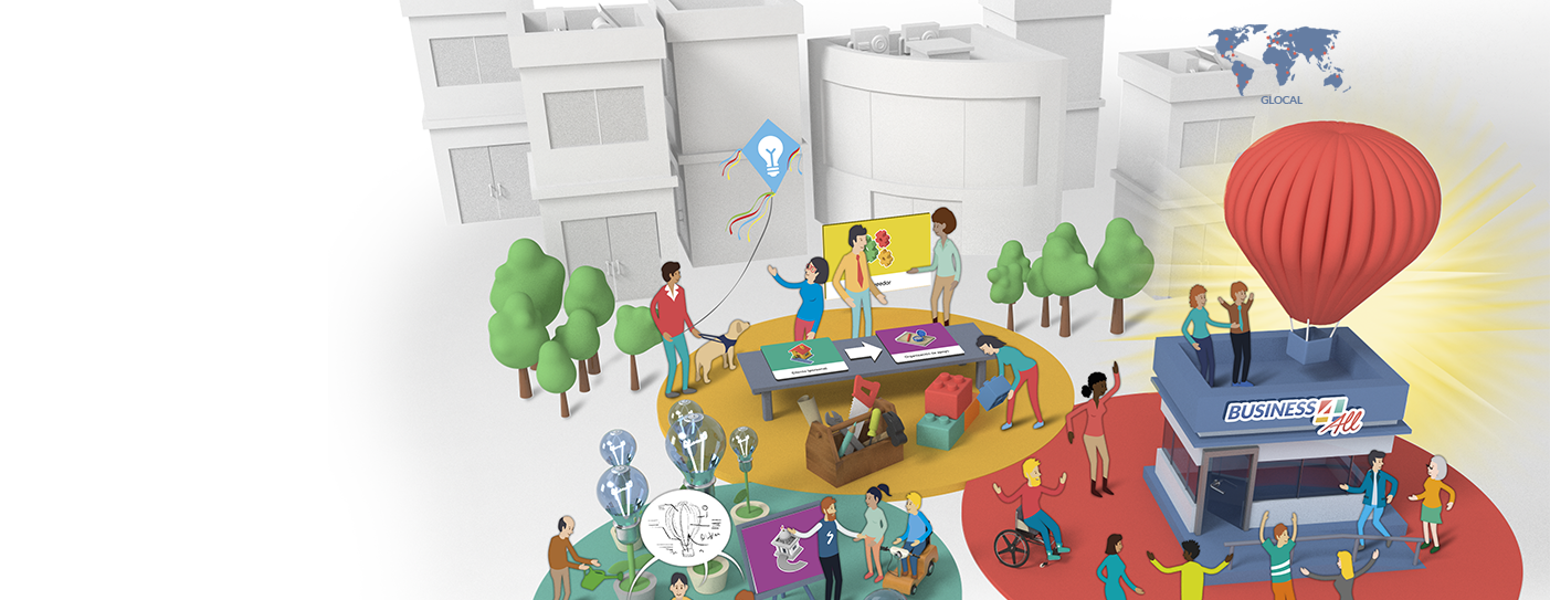 A collaborative environment where diverse people collaborate and enjoy while creating projects.